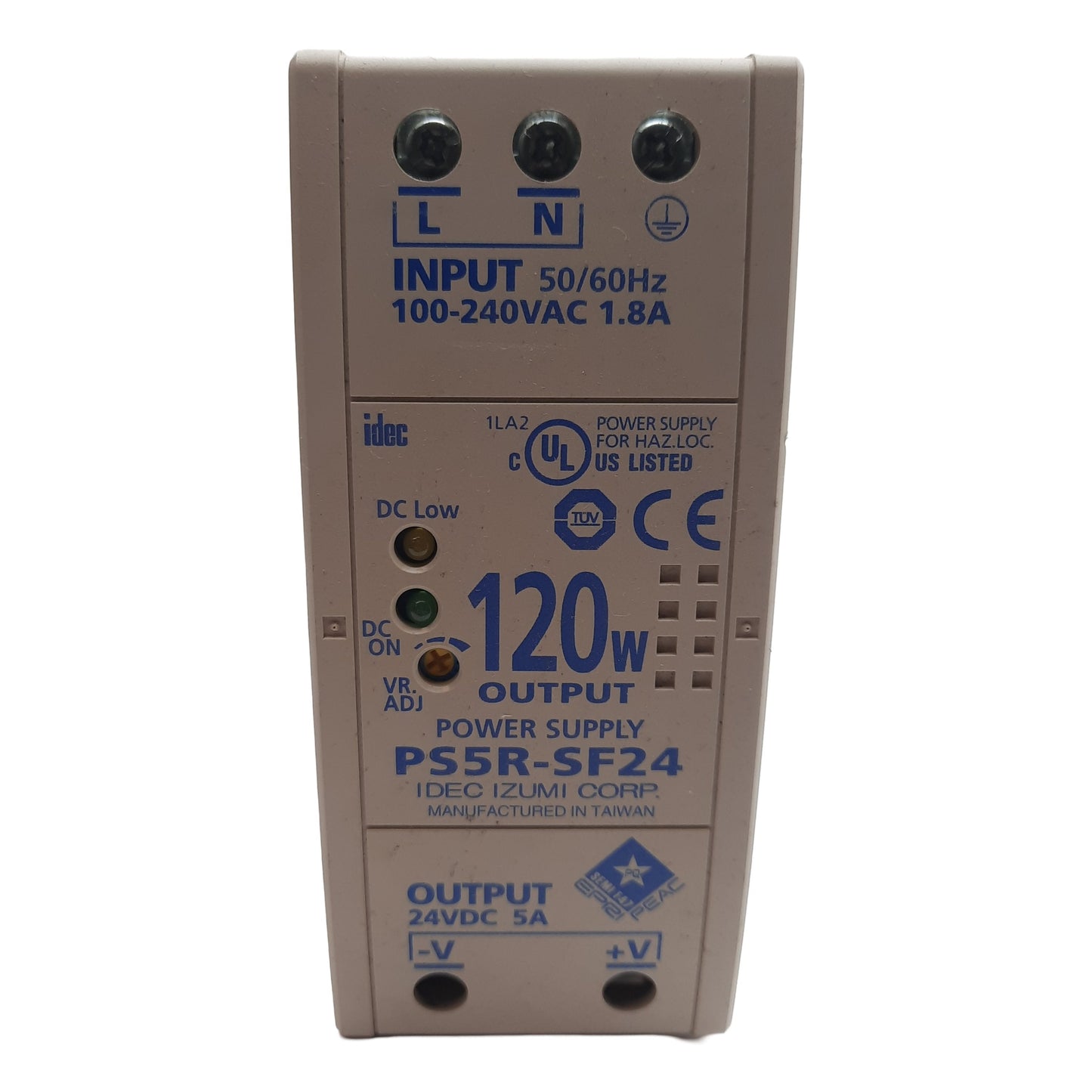 Used Idec PS5R-SF24 Power Supply, 1-Phase, 100-240VAC In, 24VDC 5A 120W Out, DIN Rail