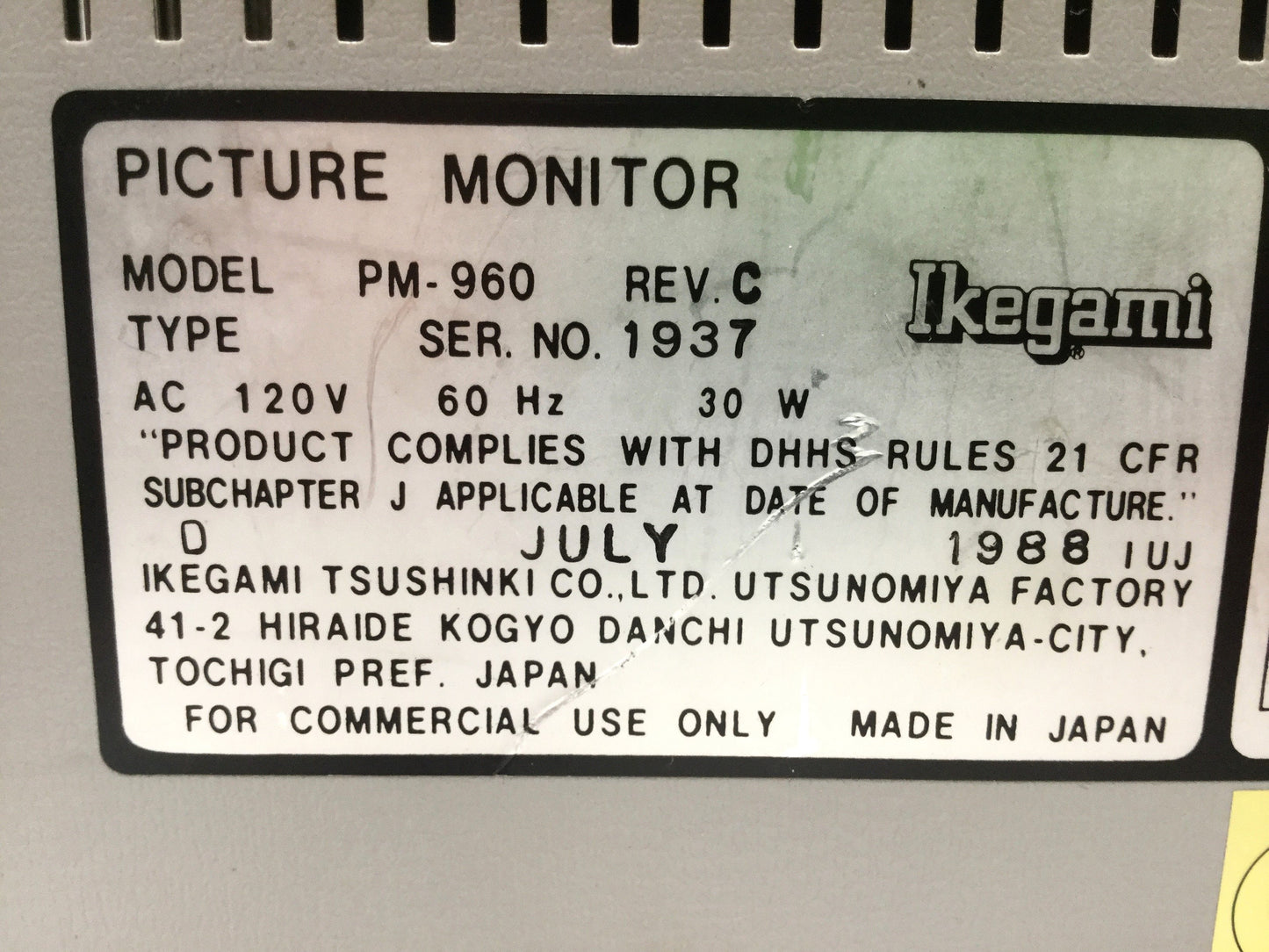 Used Ikegami PM-960 9" Black and White CRT CCTV Picture Monitor, BNC, 120VAC 60Hz