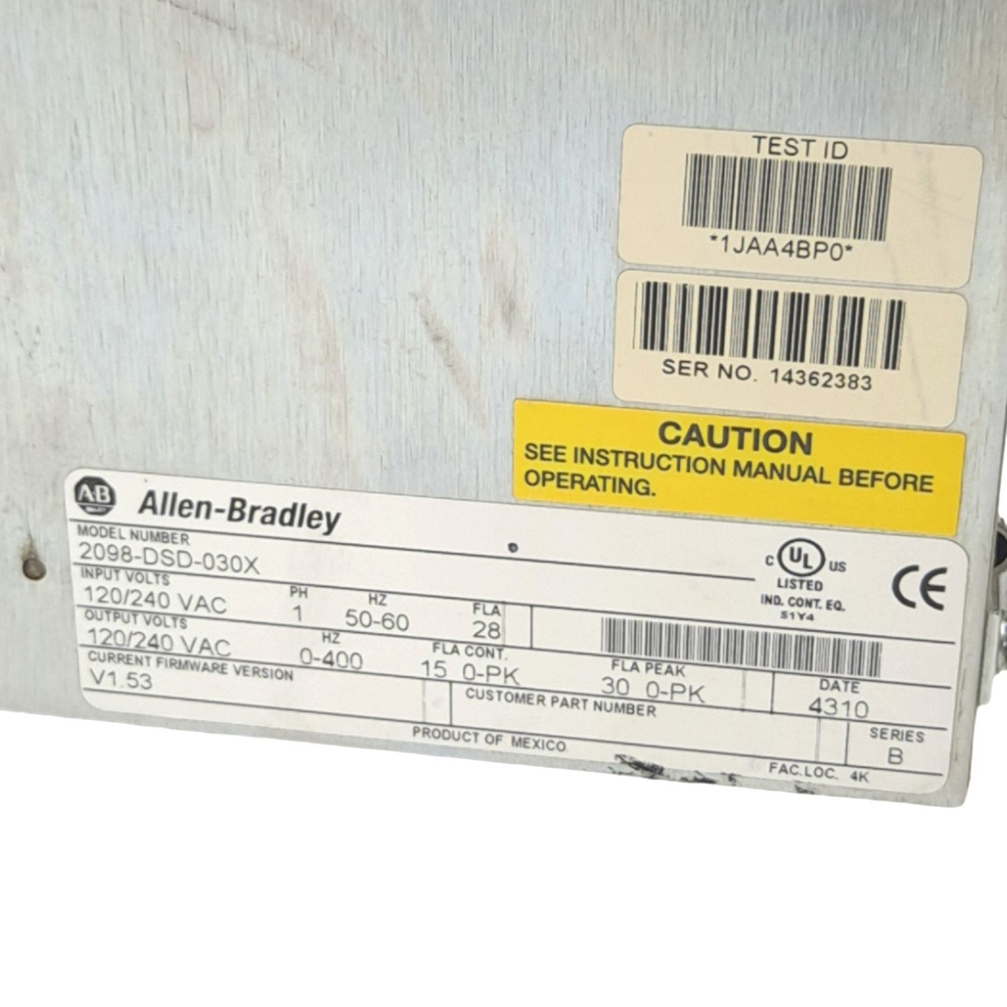 Used Allen Bradley 2098-DSD-030X Ultra3000i Digital Servo Drive, 120/240VAC 1PH, 28A