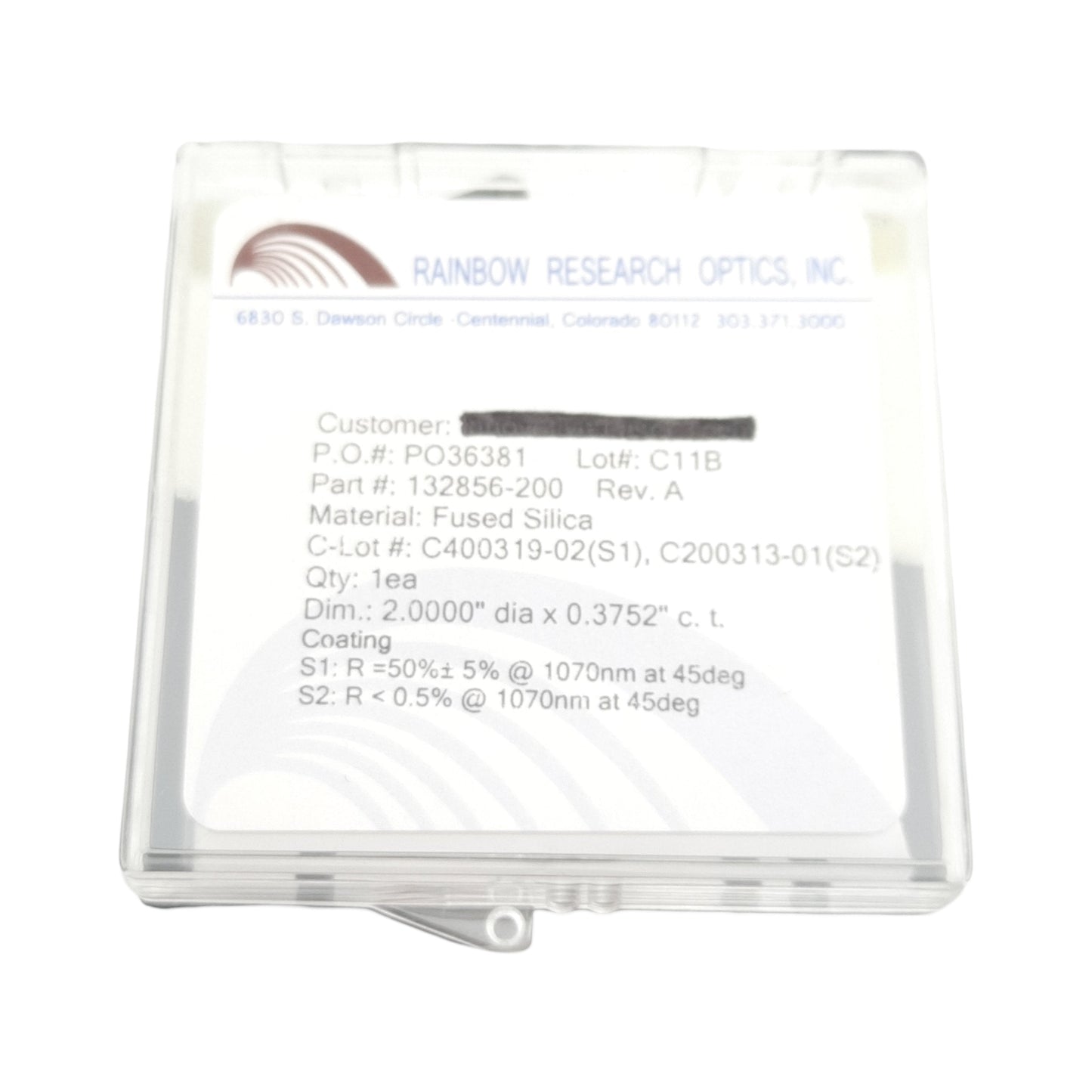 Used Rainbow Research Optics 132856-200 Rev A Optic, Fused Silica, ø2in x 0.3752in ct