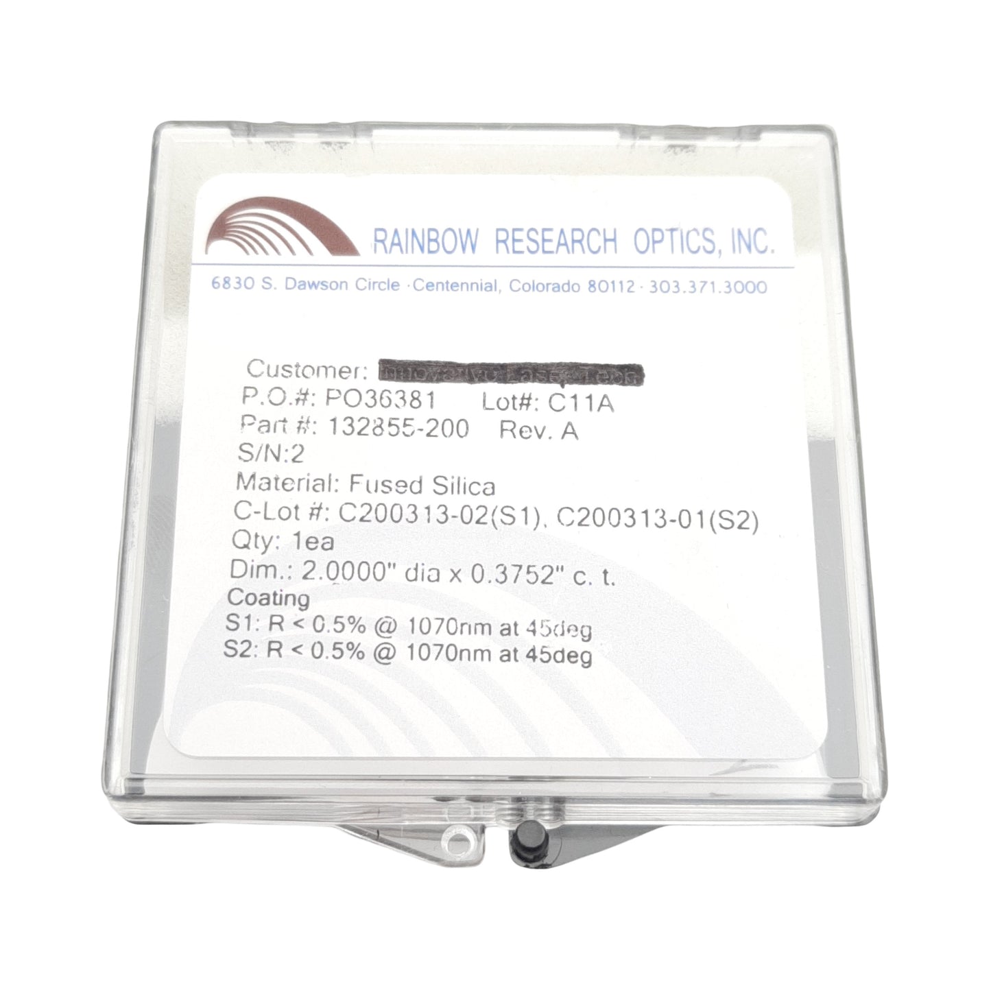Used Rainbow Research Optics 132855-200 Rev A Optic, Fused Silica, ø2in x 0.3752in ct