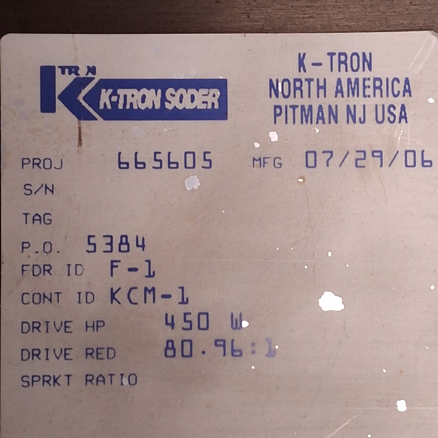 Used K-Tron 665605 KCM-1 Feeder Control and Drive Module, 115/230VAC Supply, 450W