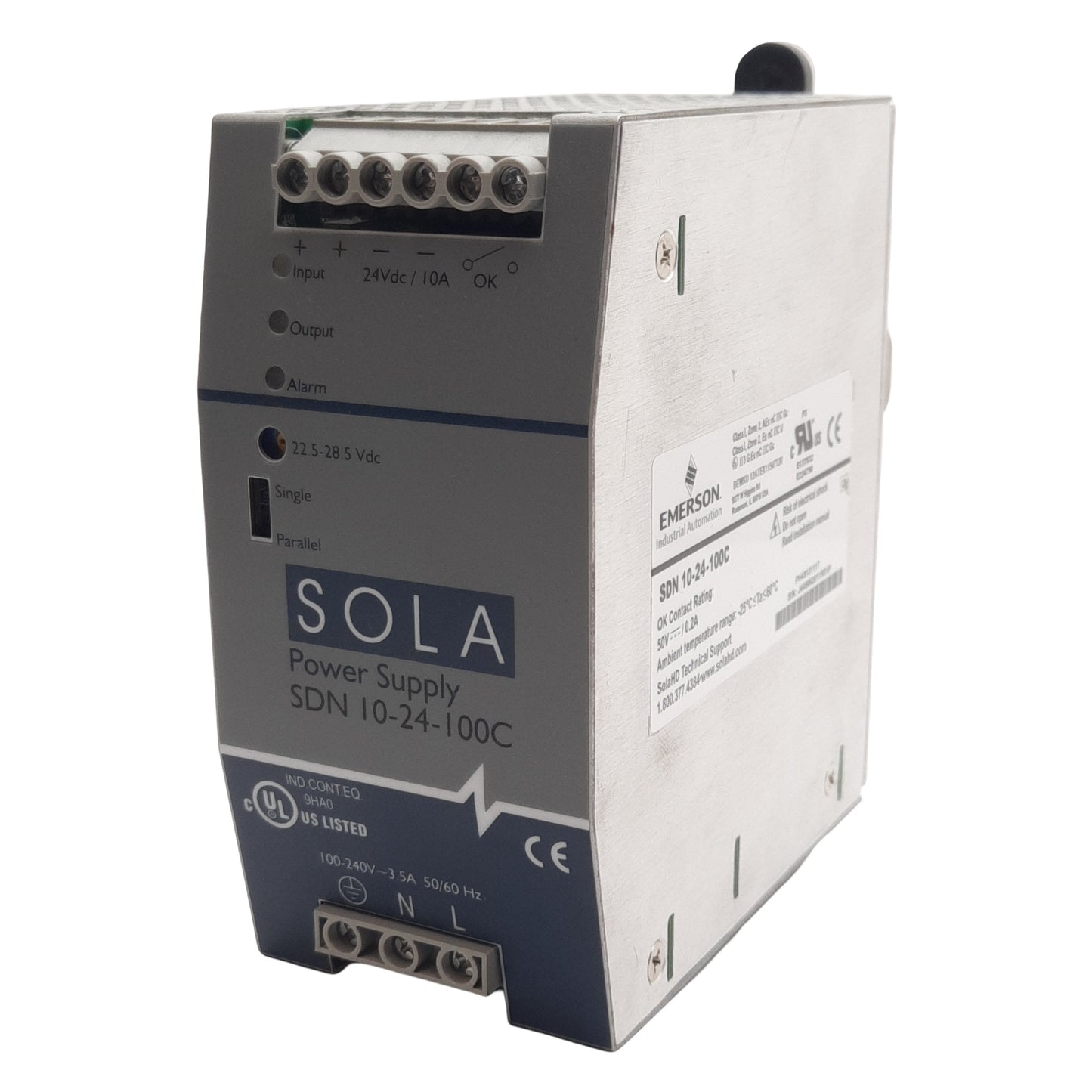 Used Emerson SDN 10-24-100C SOLA Power Supply, 100-240VAC in, 24VDC 10A Out, DIN Rail
