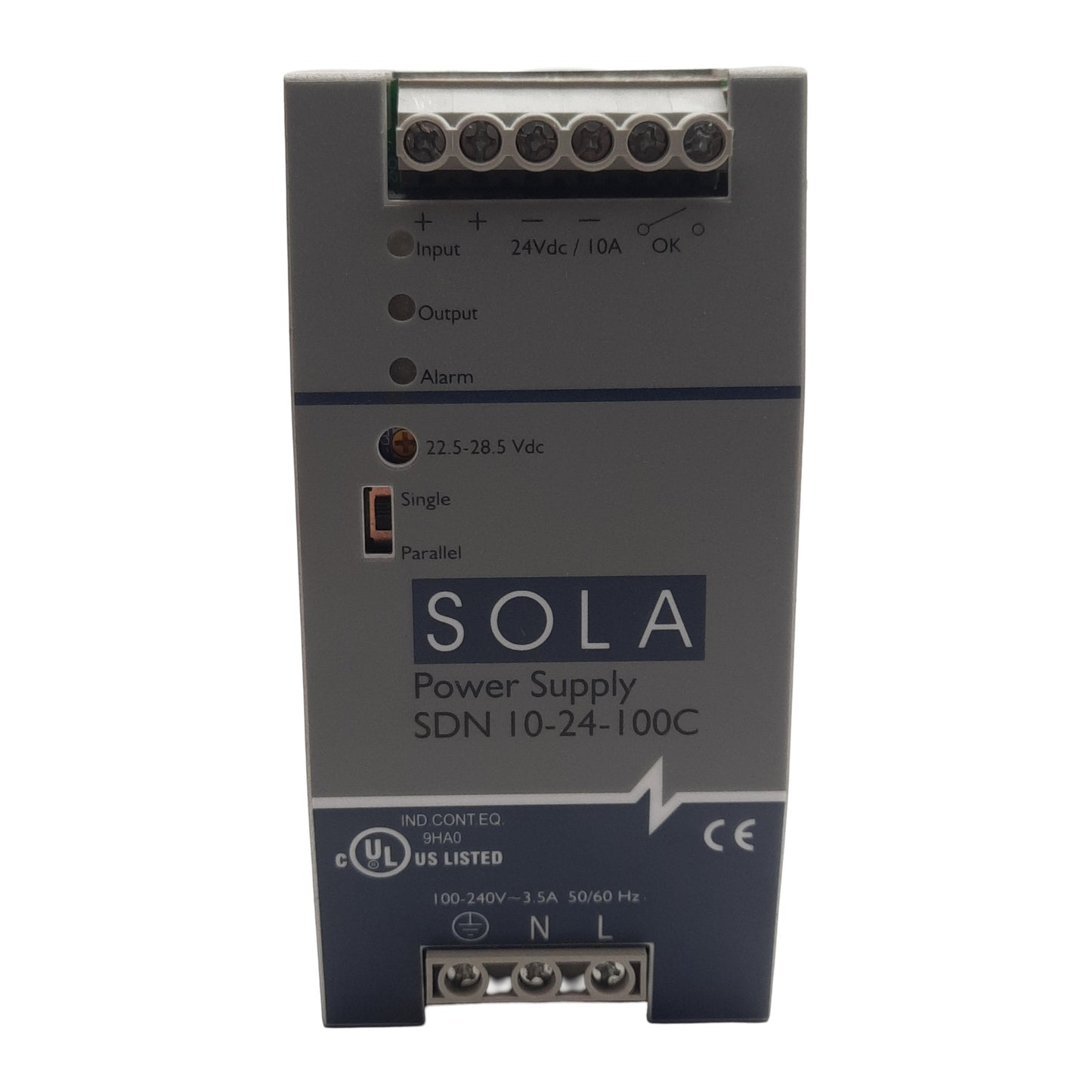 Used Emerson SDN 10-24-100C SOLA Power Supply, 100-240VAC in, 24VDC 10A Out, DIN Rail
