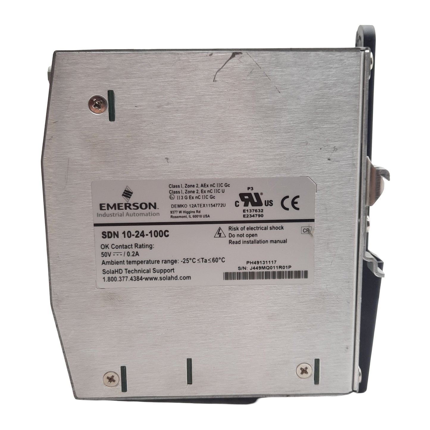 Used Emerson SDN 10-24-100C SOLA Power Supply, 100-240VAC in, 24VDC 10A Out, DIN Rail
