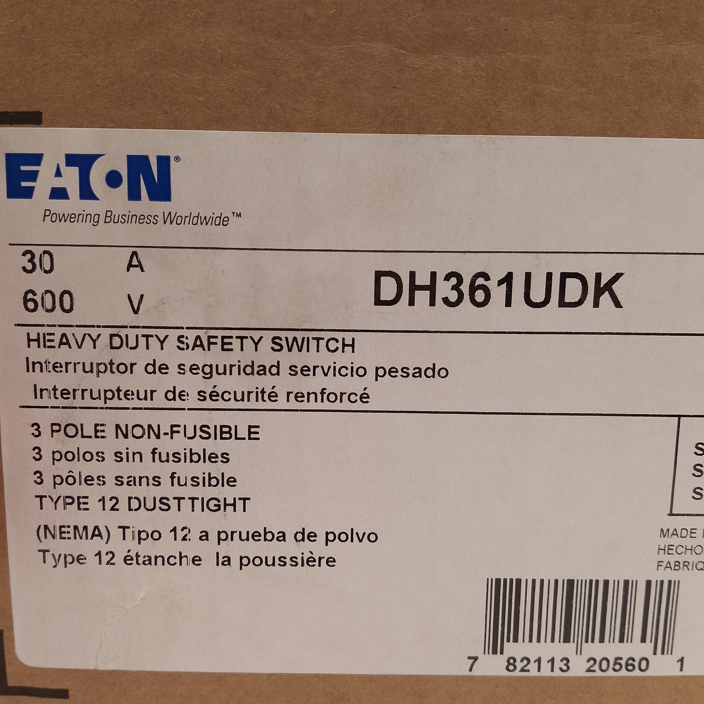 New Eaton DH361UDK Heavy Duty Non-Fusible Safety Switch, 3-Pole, 600V 30A, NEMA 12