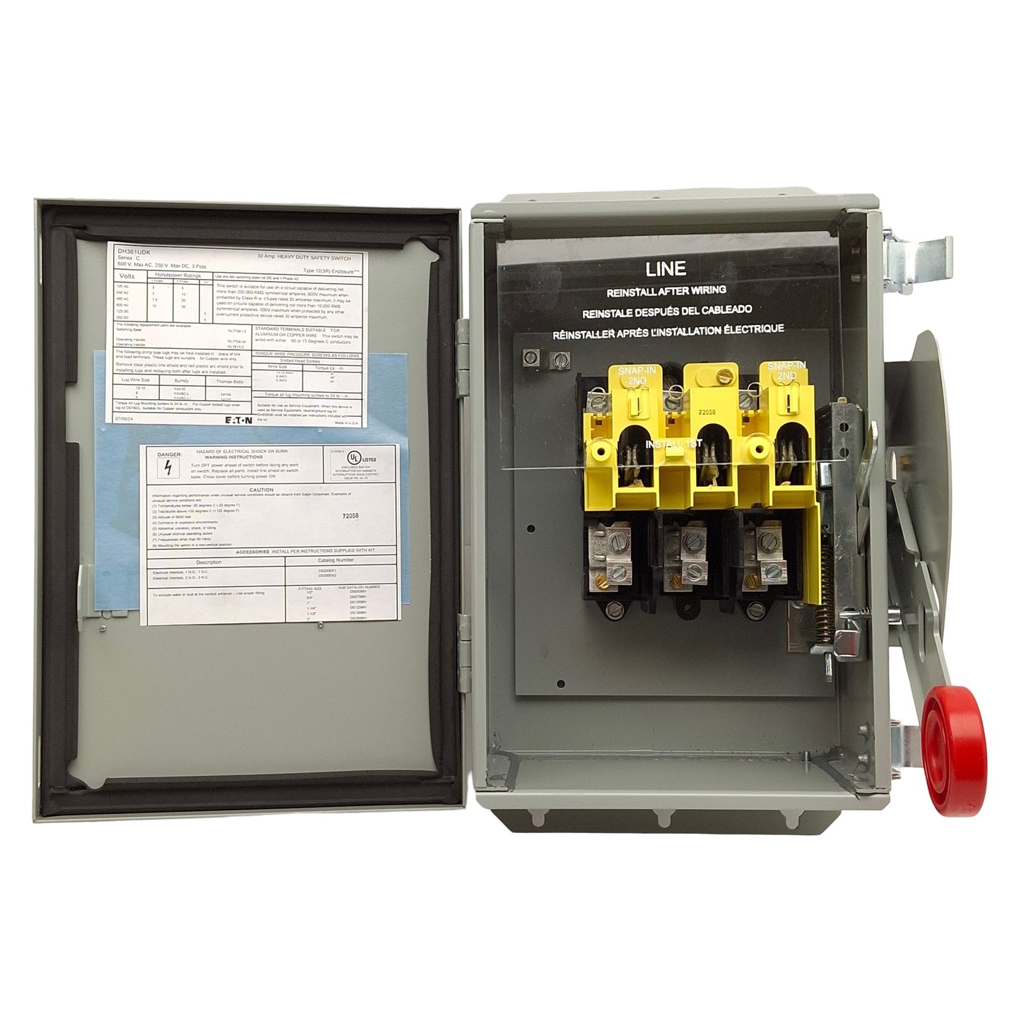 New Eaton DH361UDK Heavy Duty Non-Fusible Safety Switch, 3-Pole, 600V 30A, NEMA 12