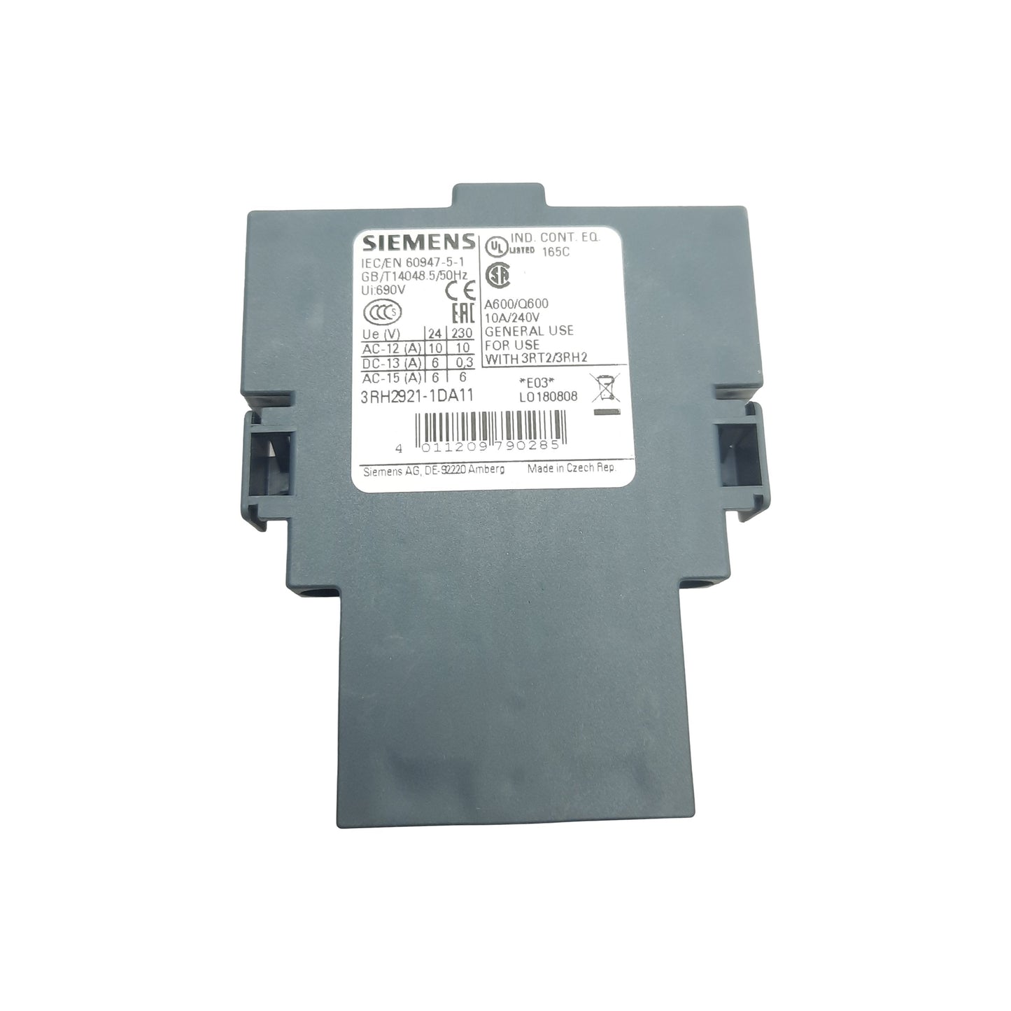 New Siemens 3RH2921-1DA11 Auxiliary Switch Block, 1 N.O. & 1 N.C., 10A/240VAC