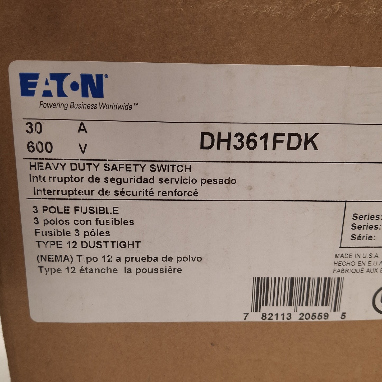 New Eaton DH361FDK Heavy Duty Fusible Safety Switch, 3-Pole, Class H Fuse, 600V 30A
