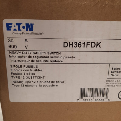 New Eaton DH361FDK Heavy Duty Fusible Safety Switch, 3-Pole, Class H Fuse, 600V 30A