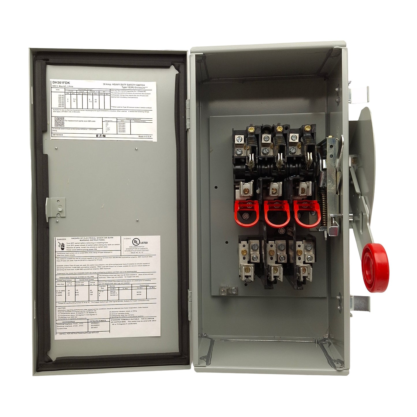 New Eaton DH361FDK Heavy Duty Fusible Safety Switch, 3-Pole, Class H Fuse, 600V 30A