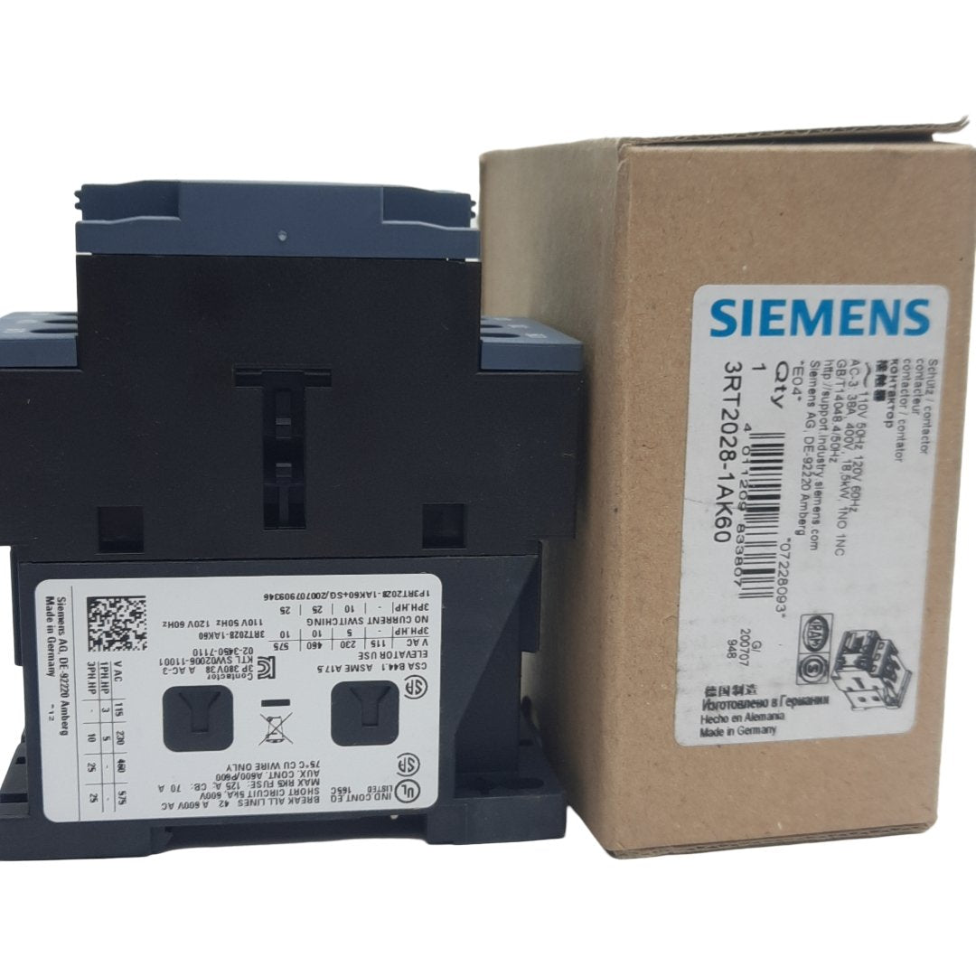 New Siemens 3RT2028-1AK60 Magnetic Contactor 3 Poles, 38A, 1CO Aux, 120V AC Coil