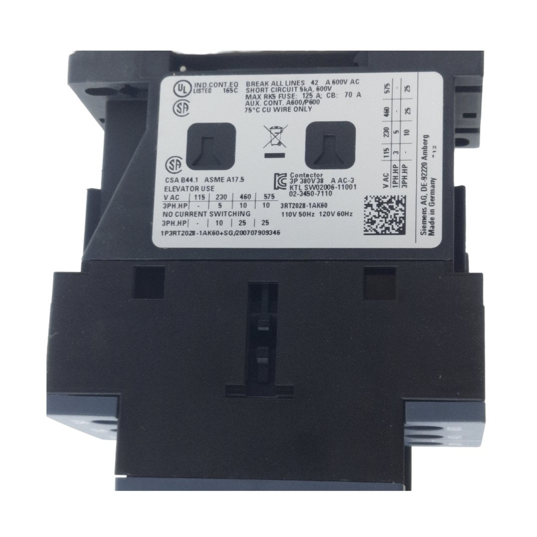 New Siemens 3RT2028-1AK60 Magnetic Contactor 3 Poles, 38A, 1CO Aux, 120V AC Coil