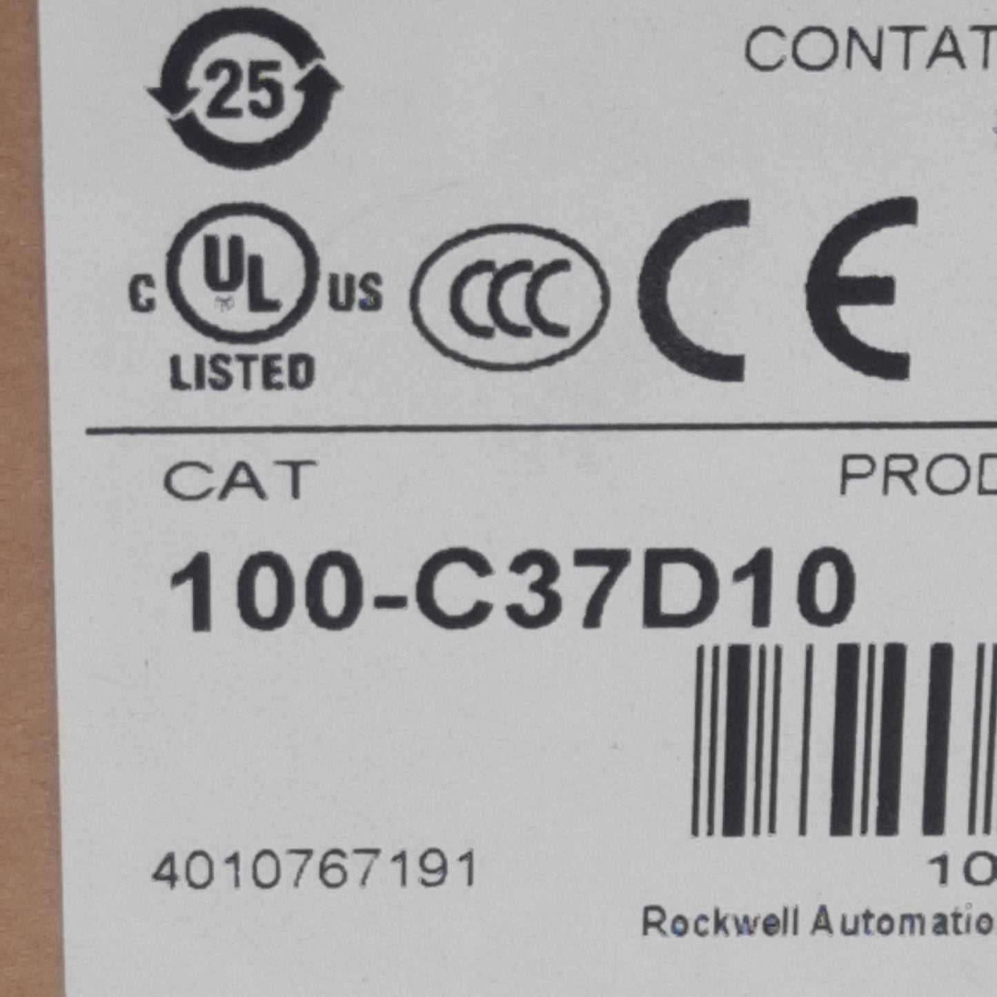 New Allen Bradley 100-C37D10 Contactor, 3-Pole + 1NO, 37A 600VAC, 110/120VAC Coil