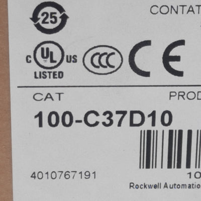 New Allen Bradley 100-C37D10 Contactor, 3-Pole + 1NO, 37A 600VAC, 110/120VAC Coil