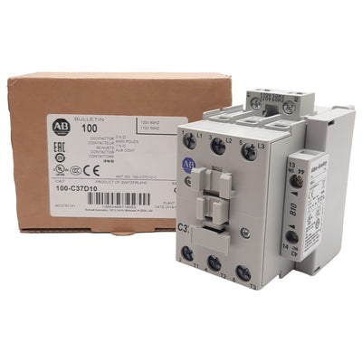 New Allen Bradley 100-C37D10 Contactor, 3-Pole + 1NO, 37A 600VAC, 110/120VAC Coil