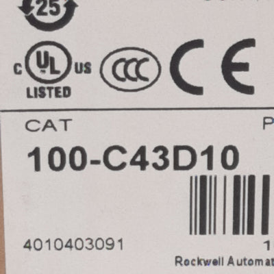 New Allen Bradley 100-C43D10 Contactor, 3-Pole + 1NO, 43A 600VAC, 110/120VAC Coil