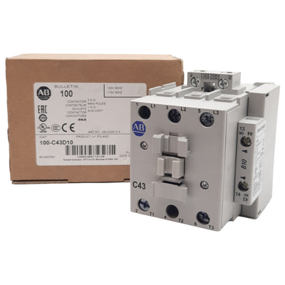 New Allen Bradley 100-C43D10 Contactor, 3-Pole + 1NO, 43A 600VAC, 110/120VAC Coil