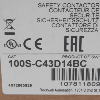 New Allen Bradley 100S-C43D14BC Safety Contactor, 3P 1NO 4NC, 43A 600VAC, 110/120VAC