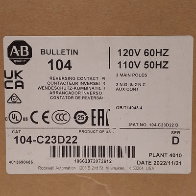 New Allen Bradley 104-C23D22 IEC Reversing Contactor 3-Pole 2NO+2NC, 23A 400VAC 11kW
