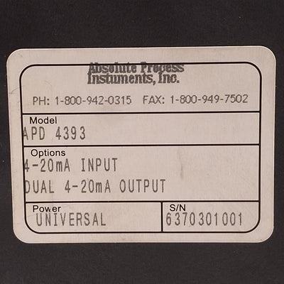Used API APD 4393 DC to DC Isolated Signal Splitter Transmitter, 4-20mA I/O, DIN Rail