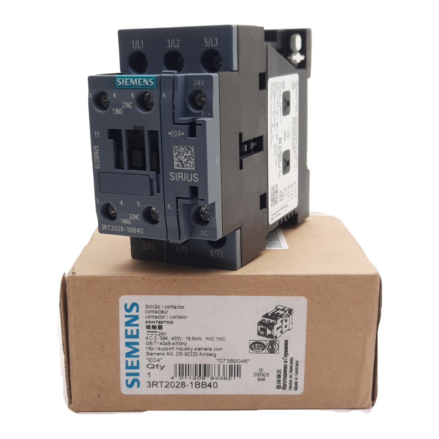 New Siemens 3RT2028-1BB40 Power Contactor, 3-Pole 1NO + 1NC, 38A 400VAC, 24VDC Coil