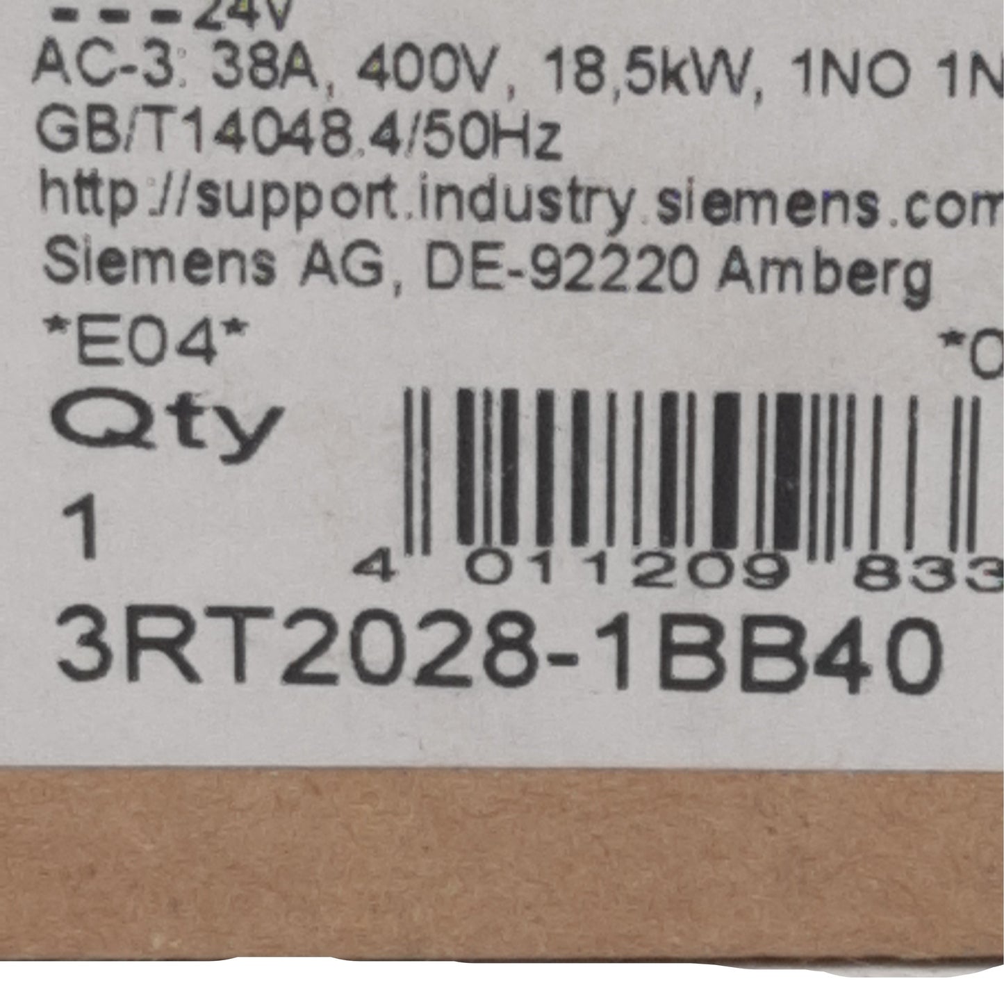 New Siemens 3RT2028-1BB40 Power Contactor, 3-Pole 1NO + 1NC, 38A 400VAC, 24VDC Coil
