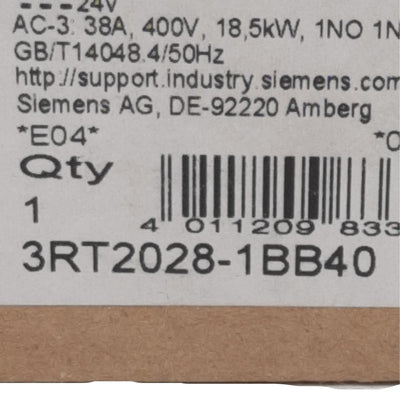 New Siemens 3RT2028-1BB40 Power Contactor, 3-Pole 1NO + 1NC, 38A 400VAC, 24VDC Coil
