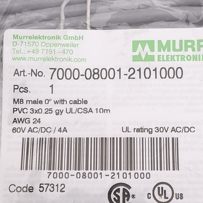 New Murr Elektronik 7000-08001-2101000 Cordset, A-Coded, M8 3-Pin Male, 60V 4A, 10m