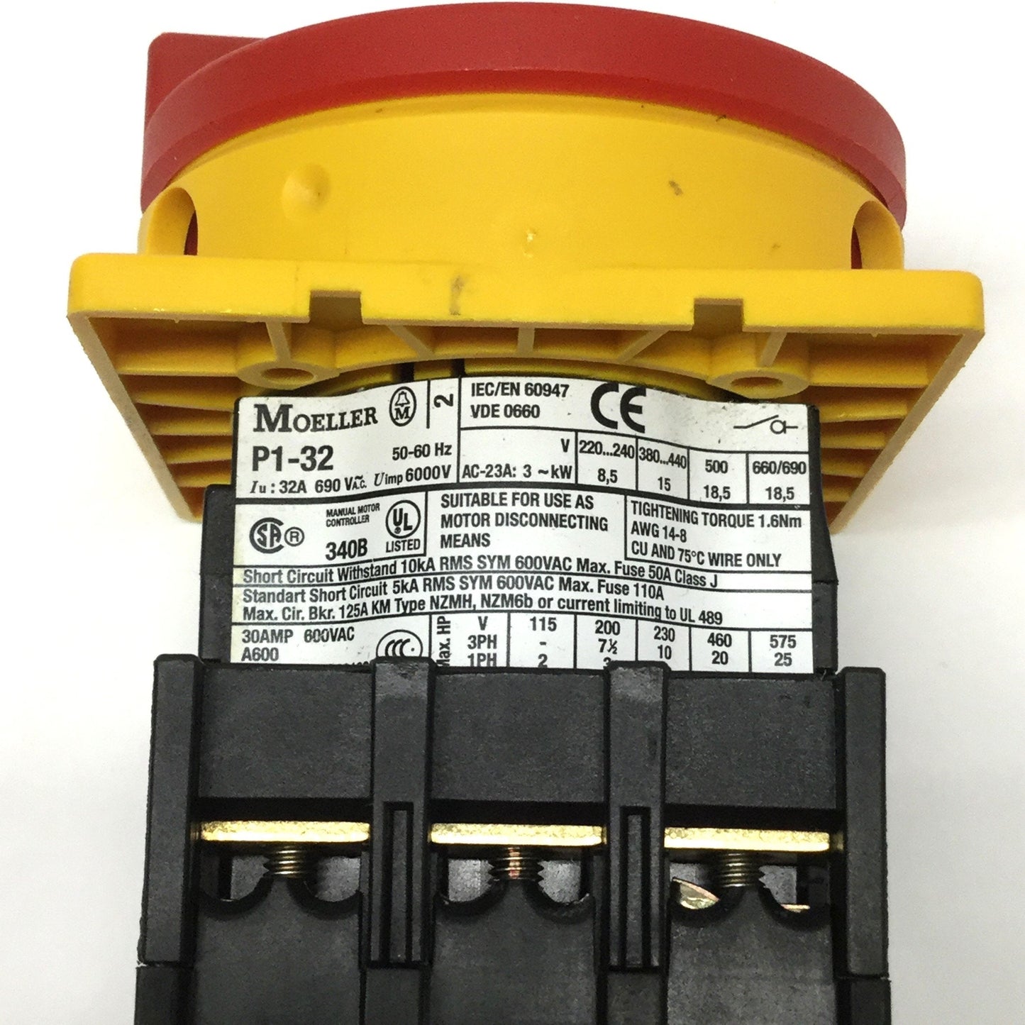 Used Moeller P1-32 Disconnect Power On/Off Switch, 3-Pole, Flush Mount 32A 600VAC