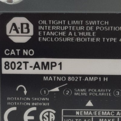 New Allen Bradley 802T-AMP1 Oiltight Limit Switch 2-Circuit 1NC + 1NO, 10A 600VAC