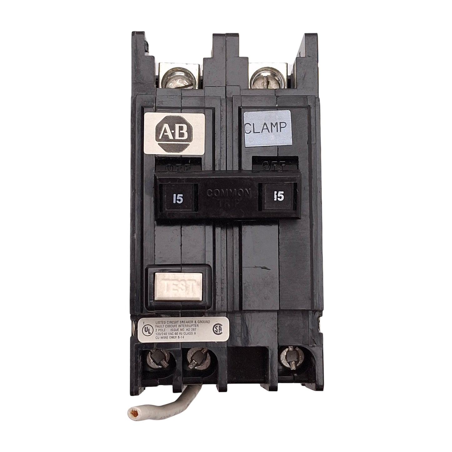 Used Allen Bradley MCGA215 Ground Sensing Circuit Breaker, 2-Pole, 15A 120/240VAC