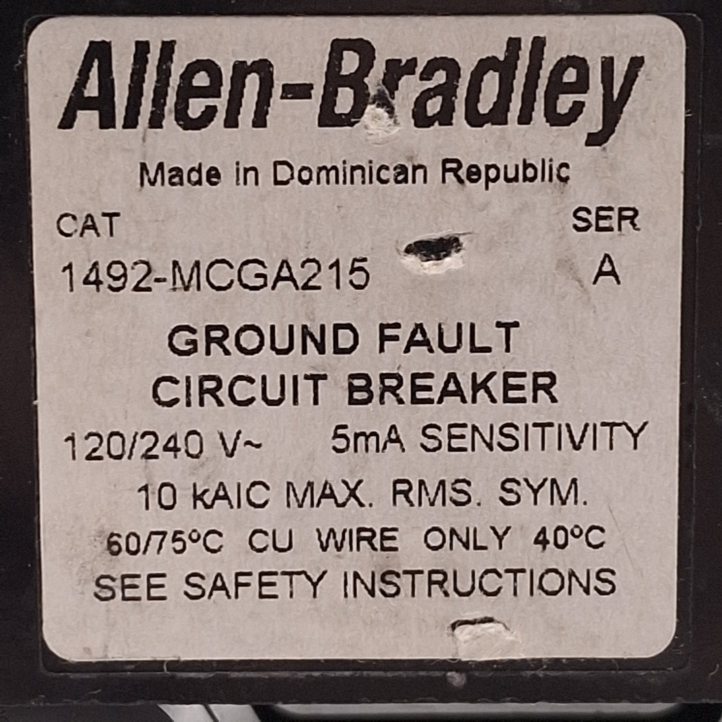 Used Allen Bradley MCGA215 Ground Sensing Circuit Breaker, 2-Pole, 15A 120/240VAC