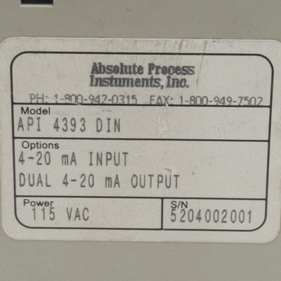 Used API API 4393 DIN DC to DC Isolated Signal Splitter Transmitter, 4-20mA In/Out