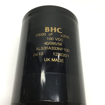 Used BHC ALS31A333NF100 Electrolytic Capacitor 33000µF ±20%, 100VDC, Ø77 x 105mm