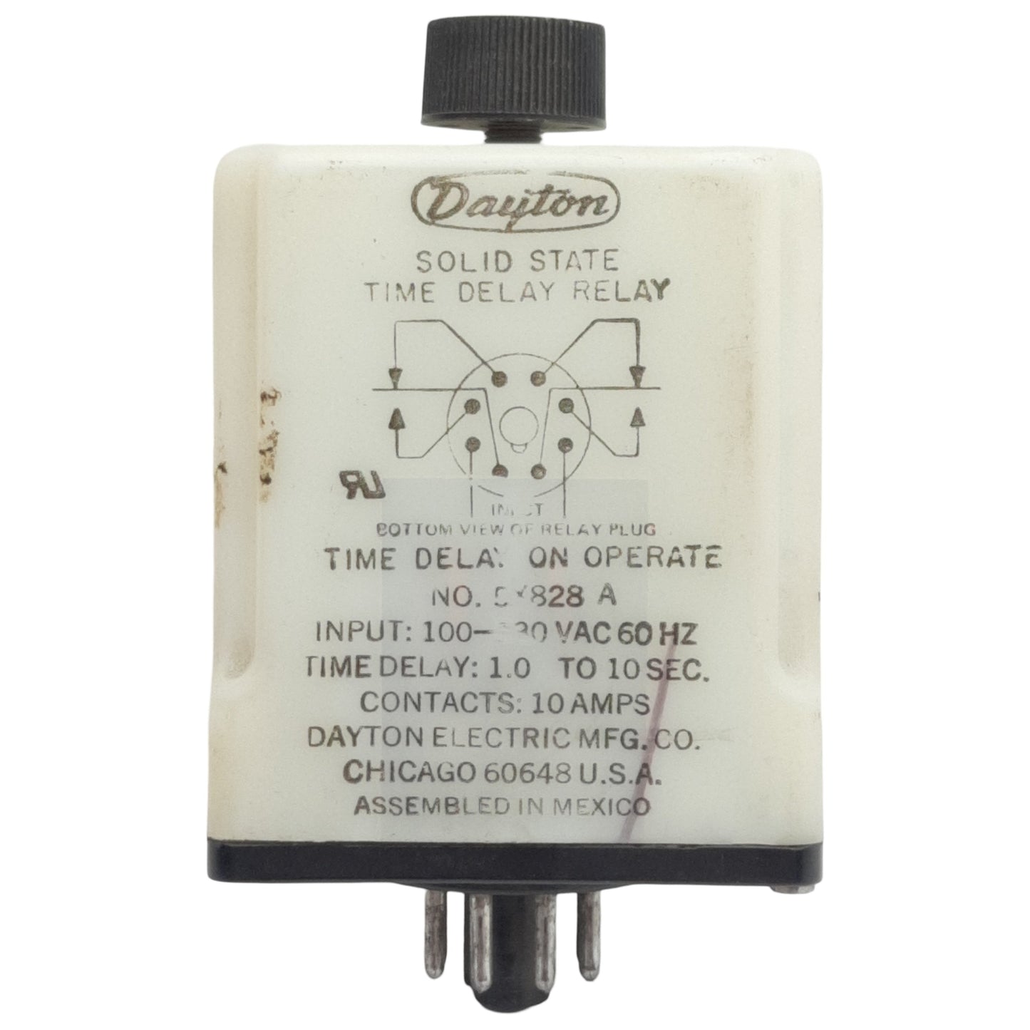 Used Dayton 5X828 Solid-State Time Delay Relay 1.0-10sec Range, 100-130VAC In, 8-Pin