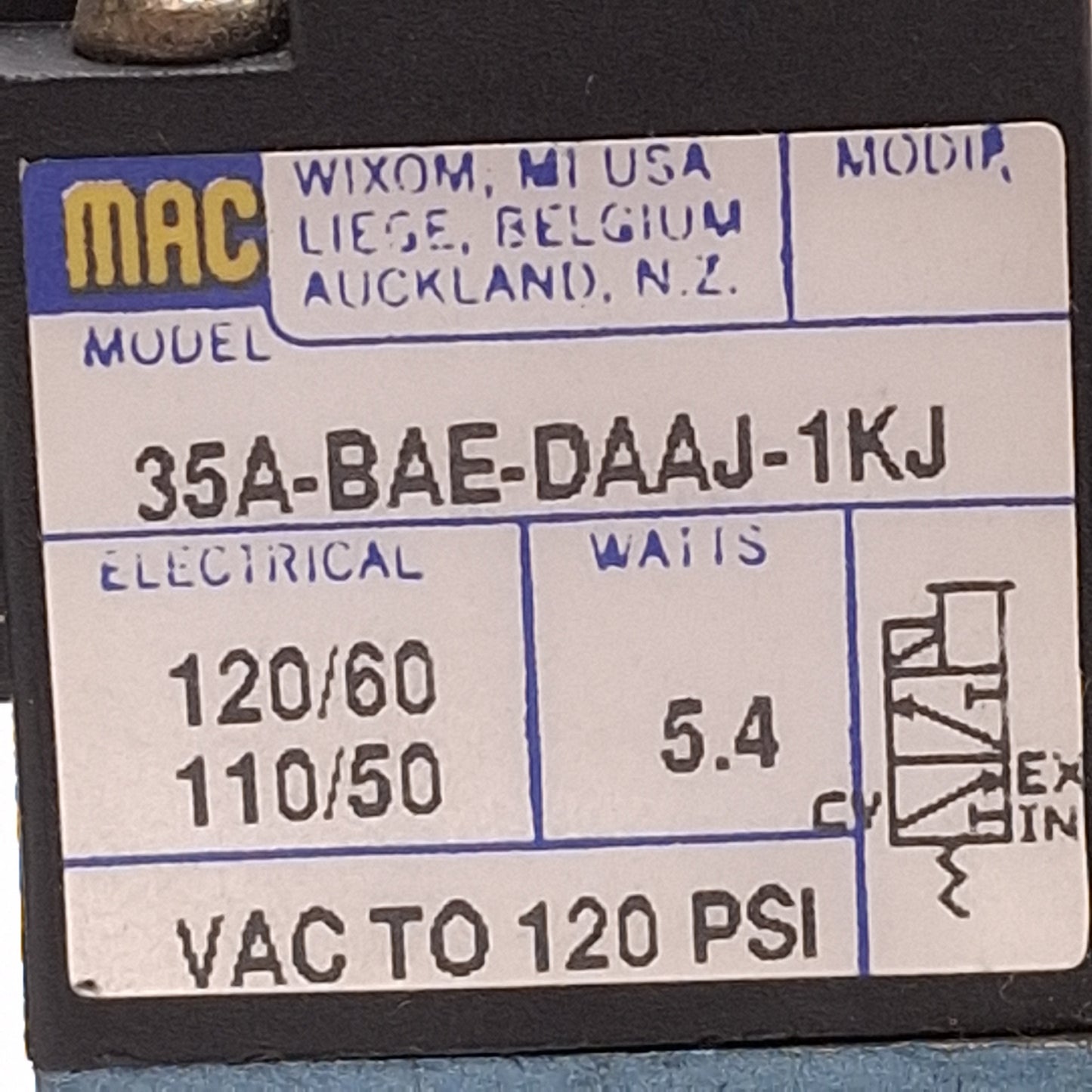 Used Mac 35A-BAE-DAAJ-1KJ Solenoid Valve, 3/2 Way, Vac-120psi, 1/8NPT, 120VAC Coil