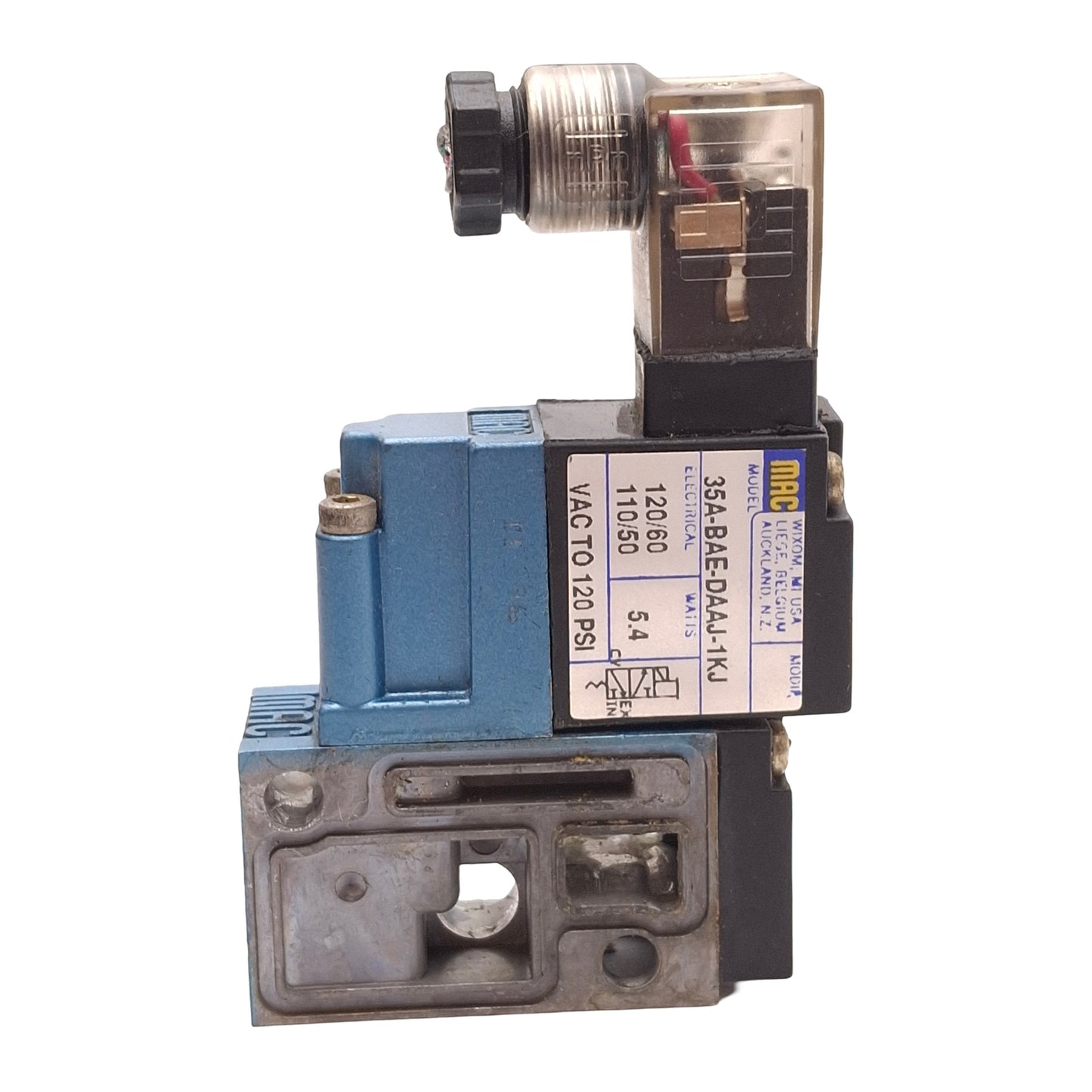 Used Mac 35A-BAE-DAAJ-1KJ Solenoid Valve, 3/2 Way, Vac-120psi, 1/8NPT, 120VAC Coil