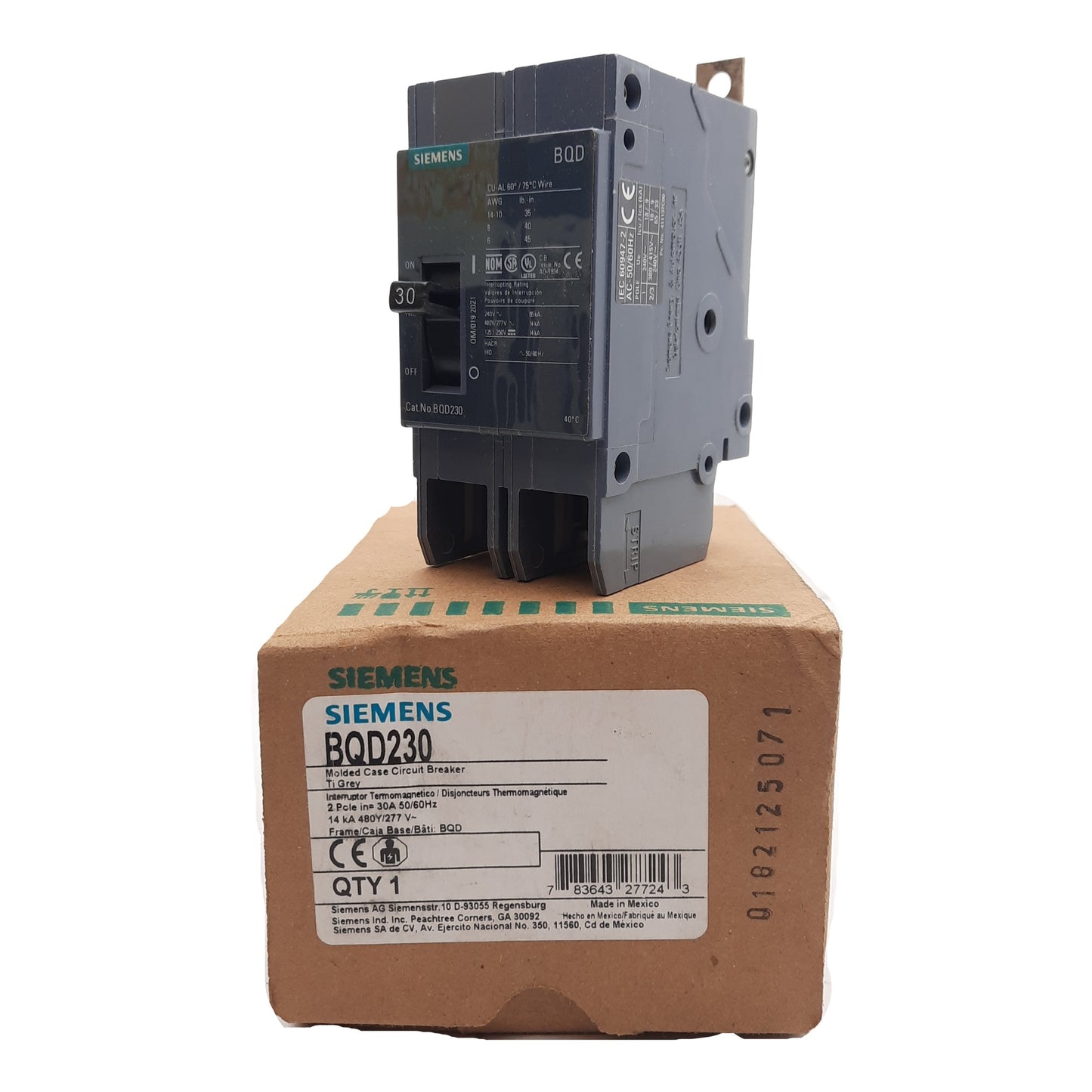 New Siemens BQD230 Circuit Breaker, 2-Pole 30A, 480Y/277VAC 3-Phase, 125/250VDC