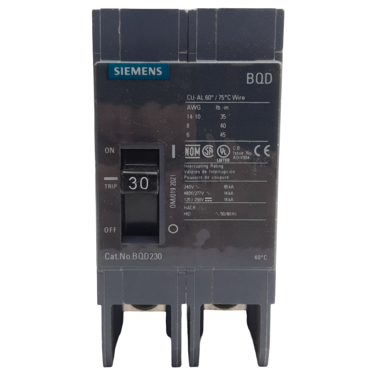 New Siemens BQD230 Circuit Breaker, 2-Pole 30A, 480Y/277VAC 3-Phase, 125/250VDC