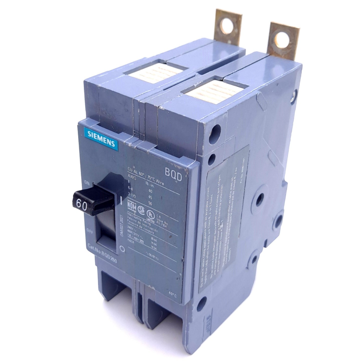 Used Siemens BQD260 Circuit Breaker, 2-Poles, 60A, 480Y/277VAC 3-Phase, 125/250VDC