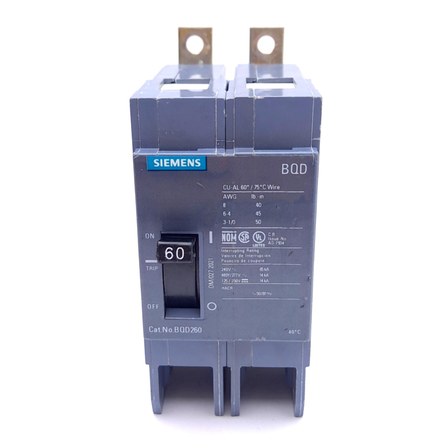 Used Siemens BQD260 Circuit Breaker, 2-Poles, 60A, 480Y/277VAC 3-Phase, 125/250VDC