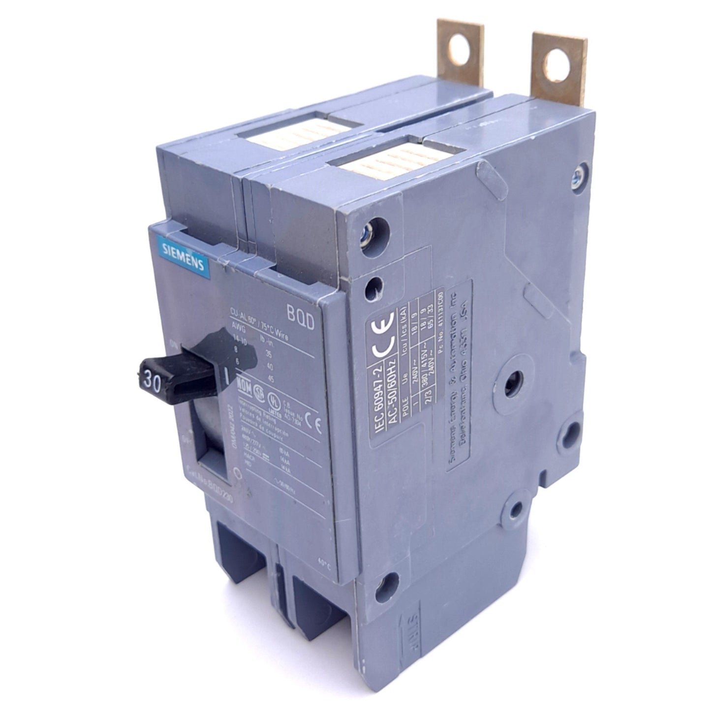 Used Siemens BQD230 Circuit Breaker, 2-Pole, 30A, 480Y/277VAC 3-Phase, 125/250VDC