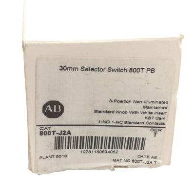 New Allen Bradley 800T-J2A Selector Switch, 3-Position Knob, 30mm, 1 N.O.- 1 N.C.