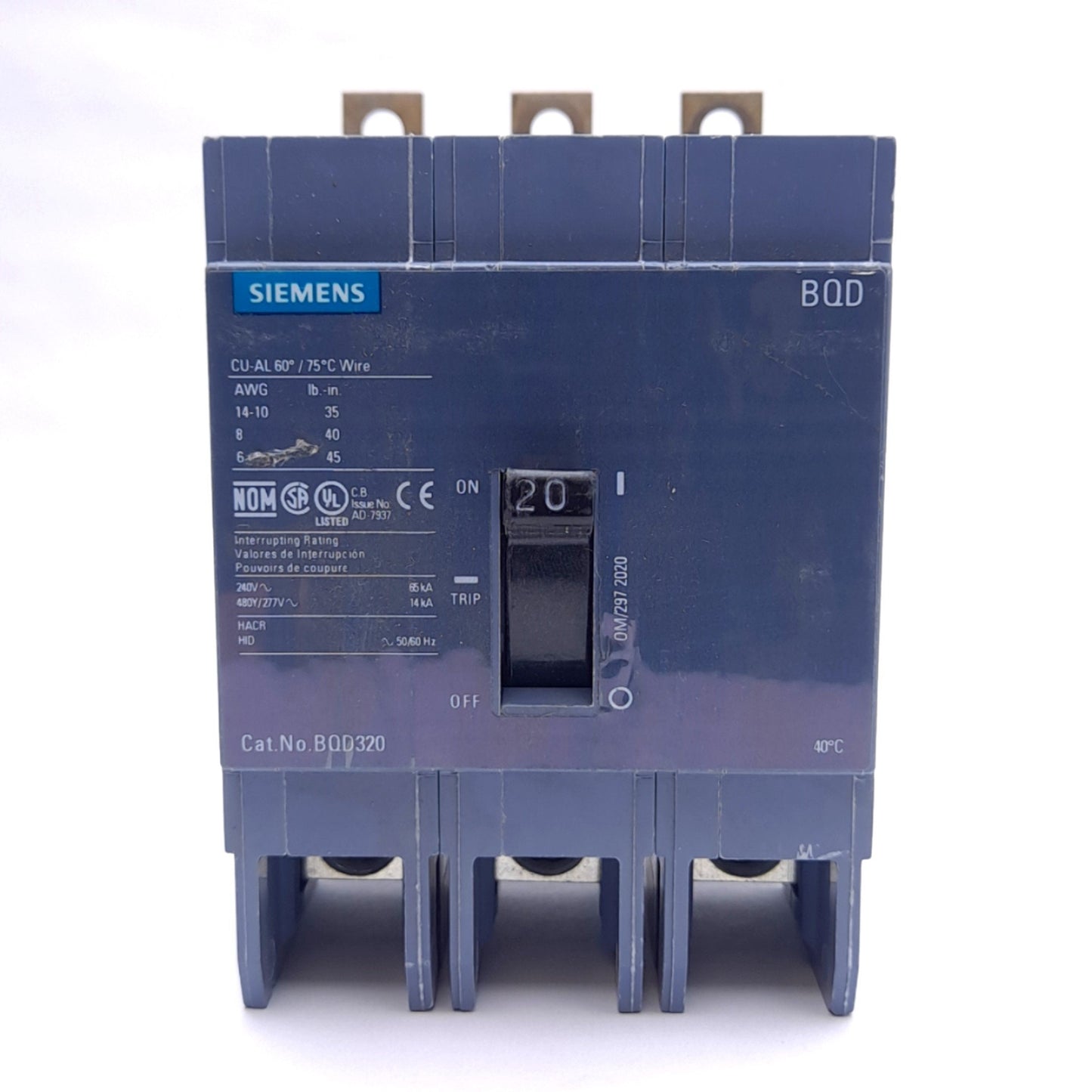Used Siemens BQD320 Thermal Magnetic Circuit Breaker, 3-Pole, 20A, 480Y/277VAC