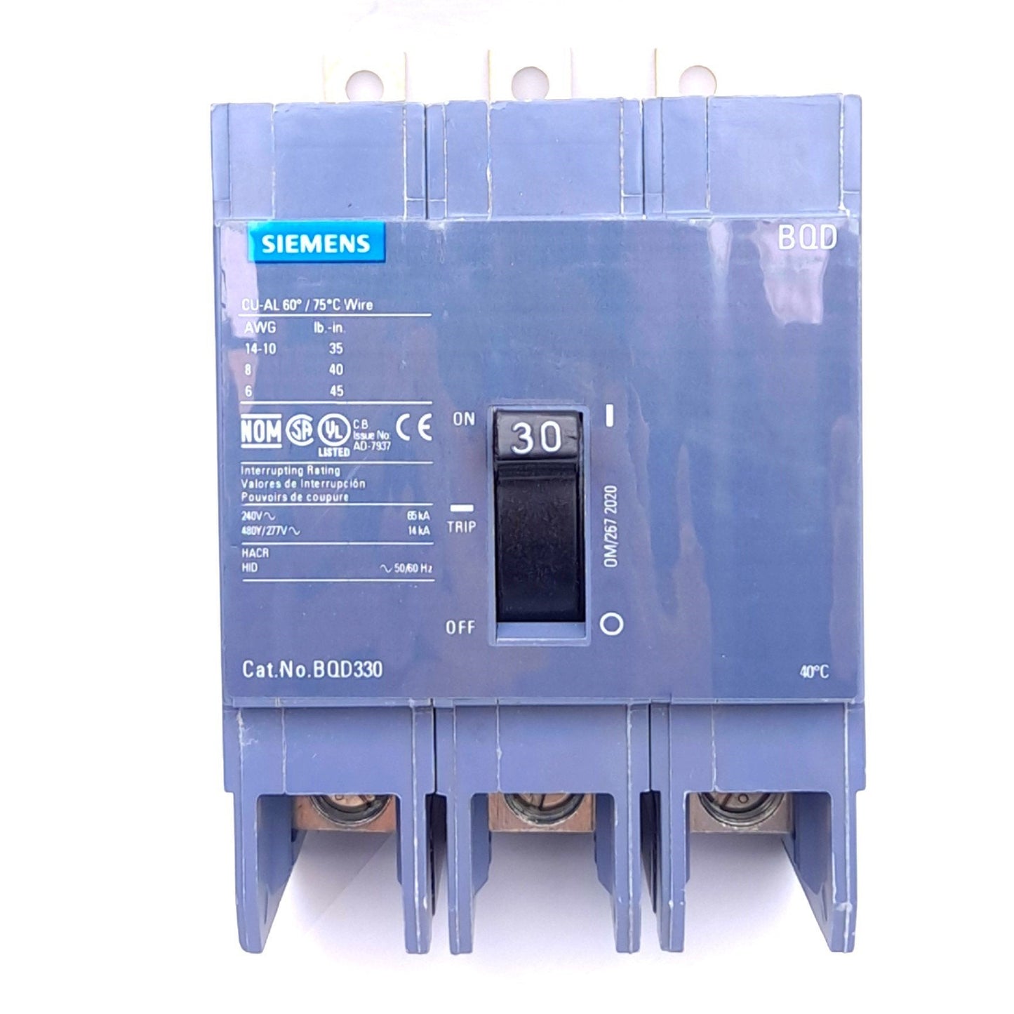 Used Siemens BQD330 Thermal Magnetic Circuit Breaker, 3-Pole, 30A, 480Y/277VAC