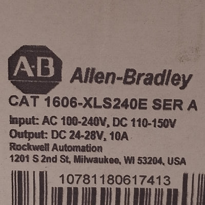 New Allen Bradley 1606-XLS240E PLC Power Supply, 240VAC/150VDC In, 24VDC Out, 400W