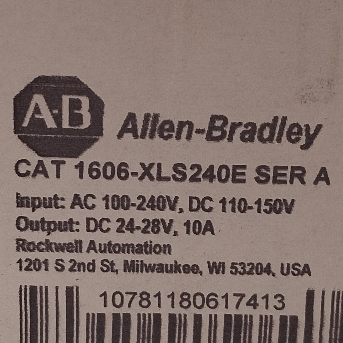 New Allen Bradley 1606-XLS240E PLC Power Supply, 240VAC/150VDC In, 24VDC Out, 400W