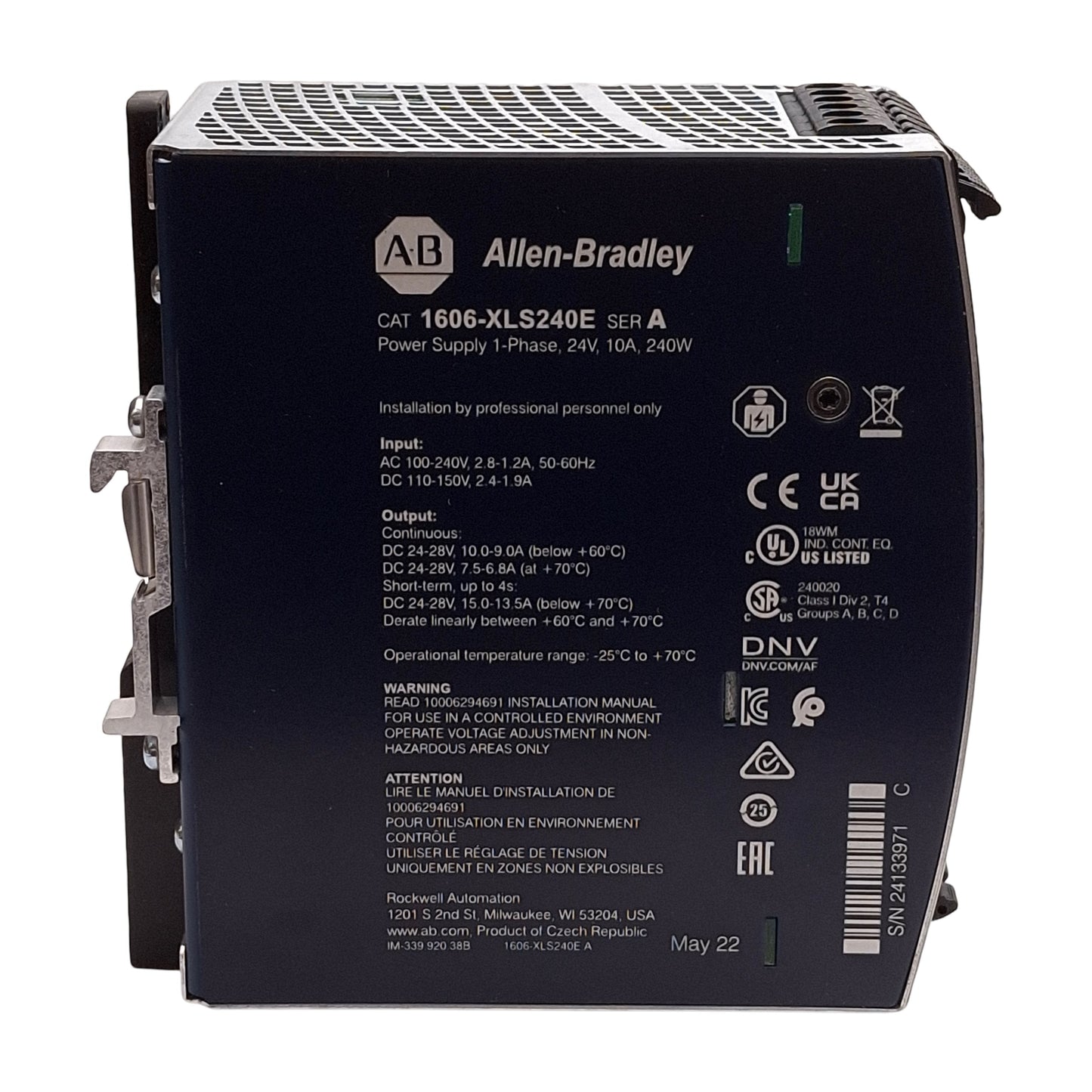 New Allen Bradley 1606-XLS240E PLC Power Supply, 240VAC/150VDC In, 24VDC Out, 400W