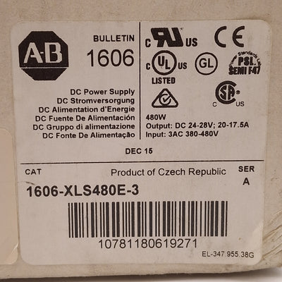 New Allen Bradley 1606-XLS480E-3 PLC Power Supply, 3Ø 380/480VAC In, 24VDC Out, 480W